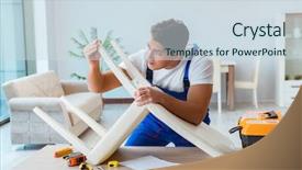  Presentation with broken home - Presentation design with assembly - repairman repairing broken chair background and a sky blue colored foreground