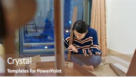  Presentation with energy conservation home - Amazing slide deck having assembly - woman assemble the table backdrop and a violet colored foreground