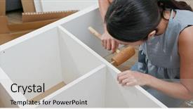  Presentation with 3d man puzzle assembling - Theme having assembly - woman assembling a shelf background and a light gray colored foreground