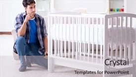  Presentation with instruction - Cool new PPT layouts with assembly - young man assembling baby bed backdrop and a light gray colored foreground