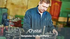  Presentation with gear box - PPT theme enhanced with assembly gears - adult experienced industrial worker assembling background and a ocean colored foreground