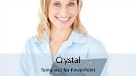  Presentation with taking notes - Cool new presentation design with assertive businesswoman taking notes on a clipboard against a white background backdrop and a light blue colored foreground