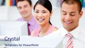  Presentation with computer - Colorful PPT layouts enhanced with male handsome doctor showing ok isolated on white backdrop and a light gray colored foreground