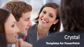  Presentation with team meeting - Slide deck enhanced with assertiveness - portrait of an assertive businesswoman background and a dark gray colored foreground