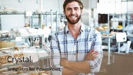  Presentation with assertiveness - Presentation theme consisting of assertiveness - selfassured waiter smiling in front background and a coral colored foreground
