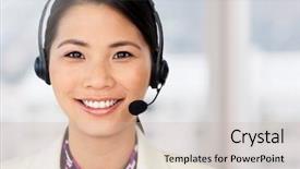  Presentation with headphones - Cool new presentation theme with assertiveness - smiling woman wearing headphones backdrop and a soft green colored foreground