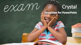  Presentation with green chalkboard - Audience pleasing slide set consisting of assesment - word exam and pupil sitting backdrop and a dark gray colored foreground