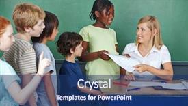  Presentation with tests - Beautiful presentation design featuring assessments class - elementary school students backdrop and a ocean colored foreground