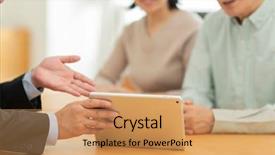  Presentation with aged - PPT theme featuring asset - businessman explaining to a middle-aged background and a coral colored foreground