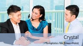  Presentation with insurance - PPT theme enhanced with asset family - asian banker selling insurance background and a light blue colored foreground