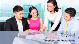  Presentation with counseling - Cool new PPT theme with asset family - asian banker team counseling client backdrop and a light blue colored foreground