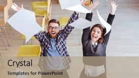  Presentation with students - PPT layouts with assignment - top view of happy students background and a coral colored foreground