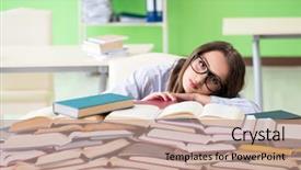  Presentation with many books - Beautiful slide deck featuring assignment - young female student preparing backdrop and a coral colored foreground