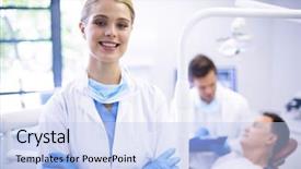  Presentation with dentist - Presentation theme consisting of assistant - portrait of smiling dentist standing background and a light blue colored foreground