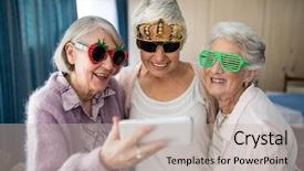  Presentation with senior smart home - Theme having assistant - senior women wearing novelty glasses background and a soft green colored foreground