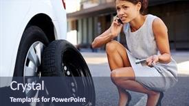  Presentation with car flat tire - PPT theme having assistant - woman calling for assistance background and a ocean colored foreground