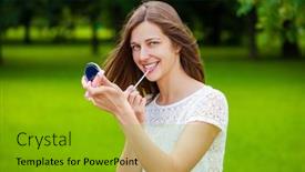  Presentation with lipstick - PPT theme featuring assistant-lipstick-beautiful-young-brunette background and a shamrock green colored foreground