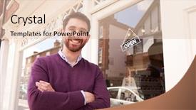  Presentation with next - Slide set consisting of assistant manager - shop owner standing next background and a lemonade colored foreground