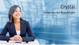  Presentation with blue business - Beautiful slides featuring assistant manager - smiling business woman over blue backdrop and a light blue colored foreground