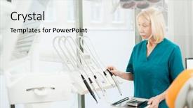  Presentation with equipment - Amazing PPT theme having assistant of dentist checking all backdrop and a sky blue colored foreground