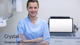  Presentation with dental examination - Theme with assistant standing with arms cross background and a light blue colored foreground