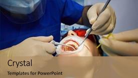  Presentation with mouth tooth - Colorful theme enhanced with assistant with instruments placing crown backdrop and a coral colored foreground