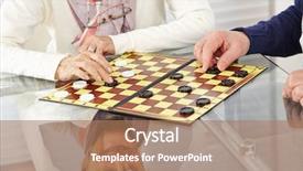  Presentation with senior citizen - Slide set with happy senior citizen couple playing checkers at home background and a coral colored foreground