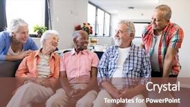  Presentation with senior living - Audience pleasing theme consisting of smiling senior friends listening backdrop and a tawny brown colored foreground