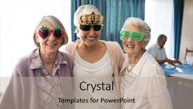  Presentation with women glass ceiling - Amazing PPT theme having smiling senior women wearing novelty backdrop and a mint green colored foreground