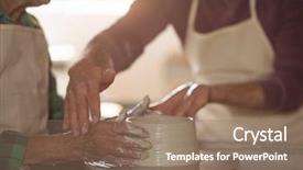  Presentation with female - Beautiful PPT theme featuring assisting female potter in pottery backdrop and a coral colored foreground