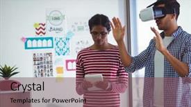  Presentation with augmented reality robotics - Presentation design with assisting man while using virtual background and a violet colored foreground