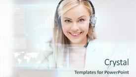  Presentation with assistive device - PPT layouts having assistive device - futuristic female helpline operator background and a sky blue colored foreground