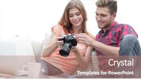  Presentation with young happy couple - Amazing PPT layouts having assistive device - happy young couple checks photos backdrop and a coral colored foreground