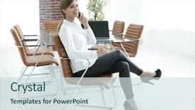  Presentation with talking on phone - Slide set consisting of assistive device - young female assistant talking background and a sky blue colored foreground