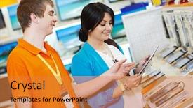  Presentation with tablet - Beautiful presentation featuring assistive device - young woman choosing tablet pc backdrop and a gold colored foreground