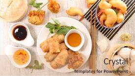  Presentation with food dimsum - Theme consisting of assorted asia food background and a coral colored foreground