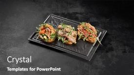  Presentation with fish tuna - Presentation theme featuring assorted-bruschetta-in-black-concrete background and a dark gray colored foreground