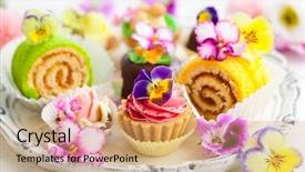  Presentation with afternoon tea - PPT theme with assorted cakes and pastries background and a coral colored foreground