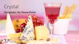  Presentation with table grape - Slide set enhanced with assorted cheese plate grape and wine glass on table on light background background and a coral colored foreground