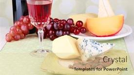  Presentation with table grape - Presentation design with assorted cheese plate grape and wine glass on table on light background background and a blonde colored foreground