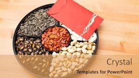  Presentation with chinese new year lunar - Audience pleasing theme consisting of assorted chinese snack tray and red pocket for lunar new year backdrop and a yellow colored foreground