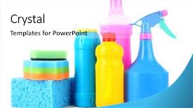  Presentation with cleaning - Theme with assorted cleaning products on white background and a  colored foreground