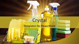  Presentation with cleaning service - Audience pleasing slides consisting of assorted cleaning products backdrop and a yellow colored foreground