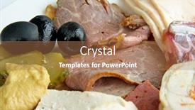  Presentation with roast beef - Colorful presentation theme enhanced with assorted cold cuts and roast beef with garnish and pickles backdrop and a coral colored foreground