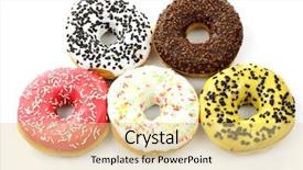  Presentation with sprinkles - PPT layouts consisting of assorted colorful glazed donuts with sprinkles on a white background background and a blonde colored foreground