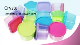  Presentation with plastic container - Slide set having assorted colorful plastic containers background and a  colored foreground