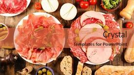  Presentation with food safety meats - PPT layouts with assorted delicatessen with assorted meats background and a coral colored foreground