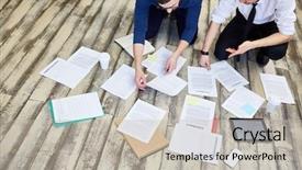  Presentation with busy - Cool new theme with assorted documents and contracts laid backdrop and a  colored foreground