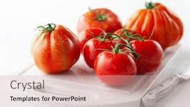  Presentation with white healthy food - Presentation theme with assorted-fresh-ripe-tomatoes background and a soft green colored foreground