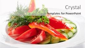  Presentation with vegan - Beautiful slides featuring assorted fresh vegetables with sweet bell peppers sliced cucumbers tomatoes and juicy organic greens macro shot of vegetable low calorie vegan plate decorated with parsley and dill closeup backdrop and a sky blue colored foreground